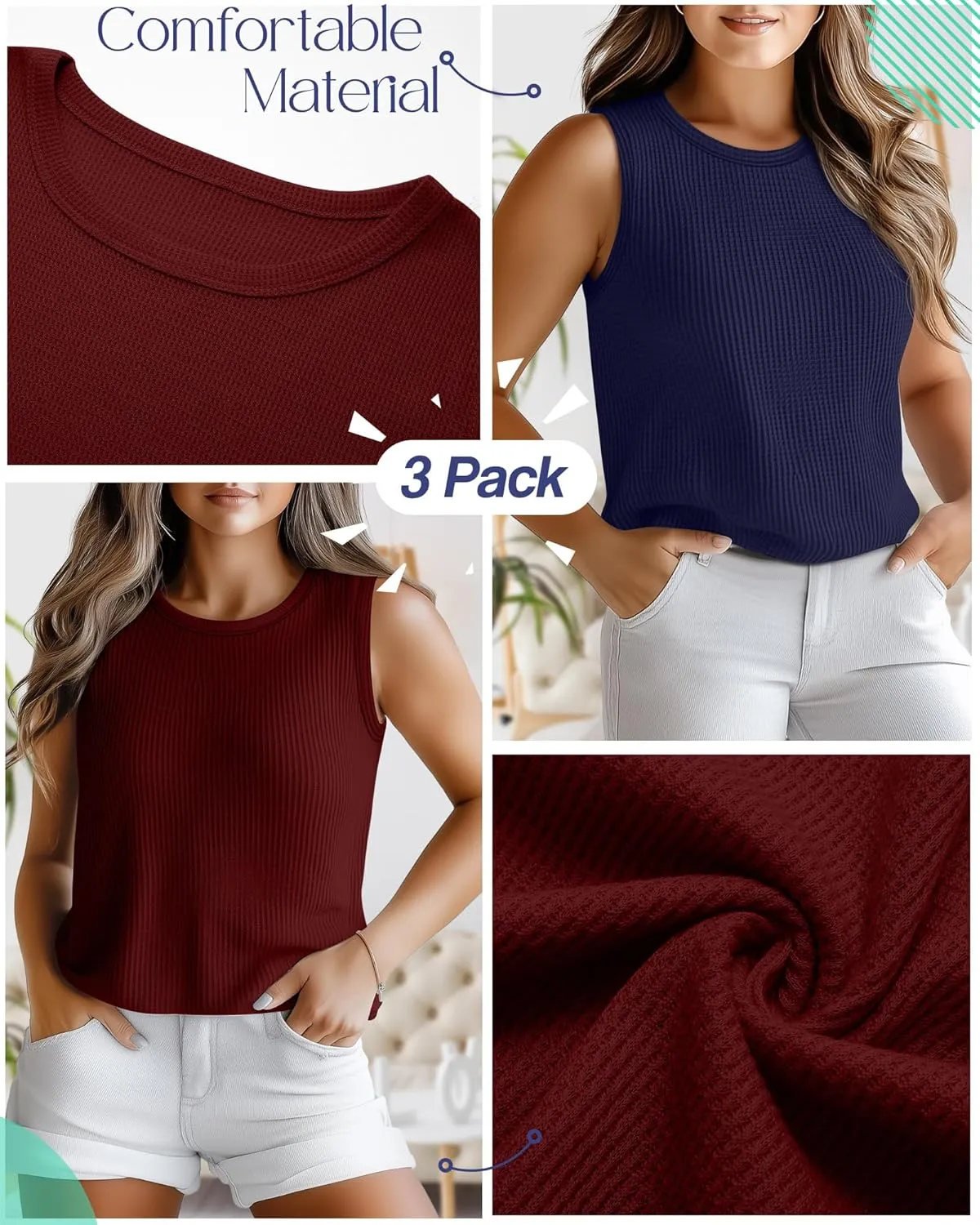 Riyiper 3 Pack Women's Plus Size Tank Tops, Waffle Knit Crew Neck Sleeveless Shirts Summer Casual Loose Curved Hem Tunic Tops
