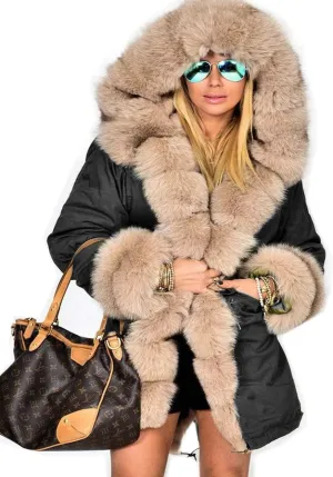 Roiii Women Thicken Warm Winter Coat Hood Down Parka Fleece Fur Outdoor Overcoat Long Jacket Outwear