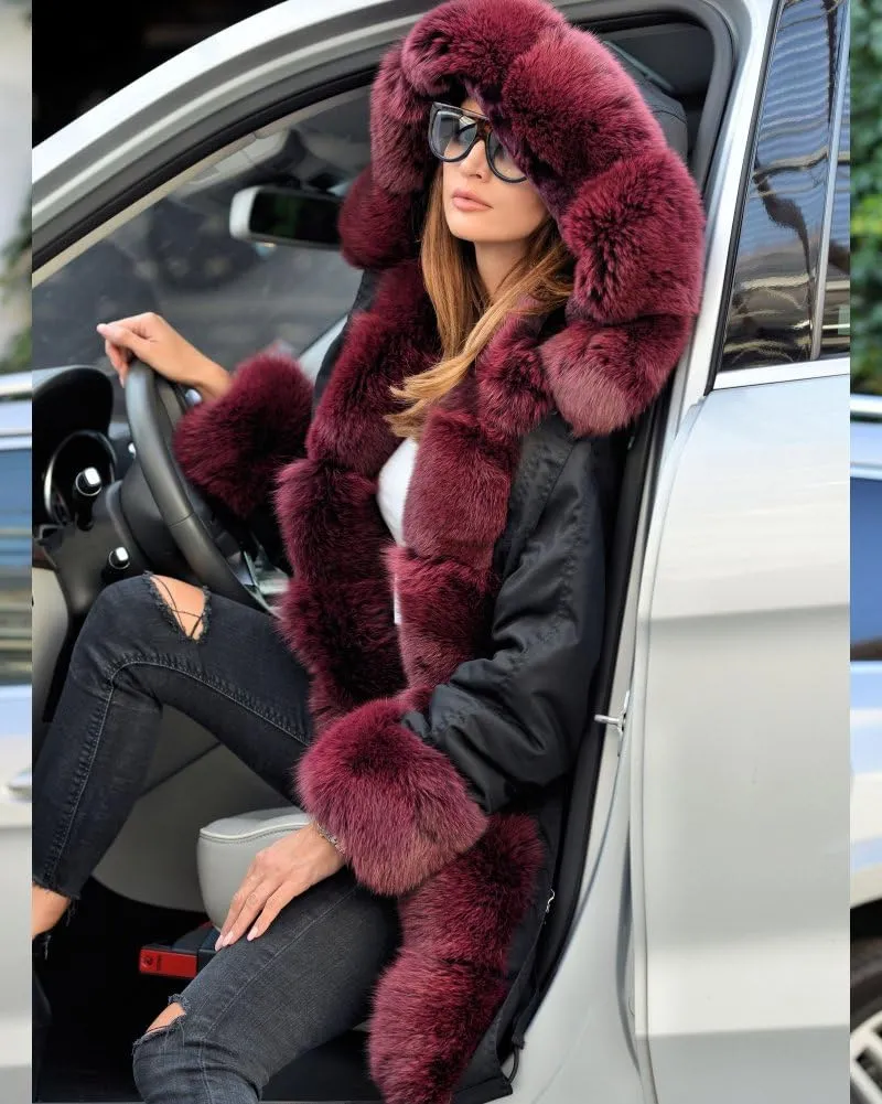 Roiii Women Thicken Warm Winter Coat Hood Down Parka Fleece Fur Outdoor Overcoat Long Jacket Outwear