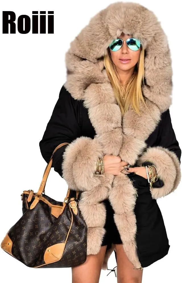 Roiii Women Thicken Warm Winter Coat Hood Down Parka Fleece Fur Outdoor Overcoat Long Jacket Outwear