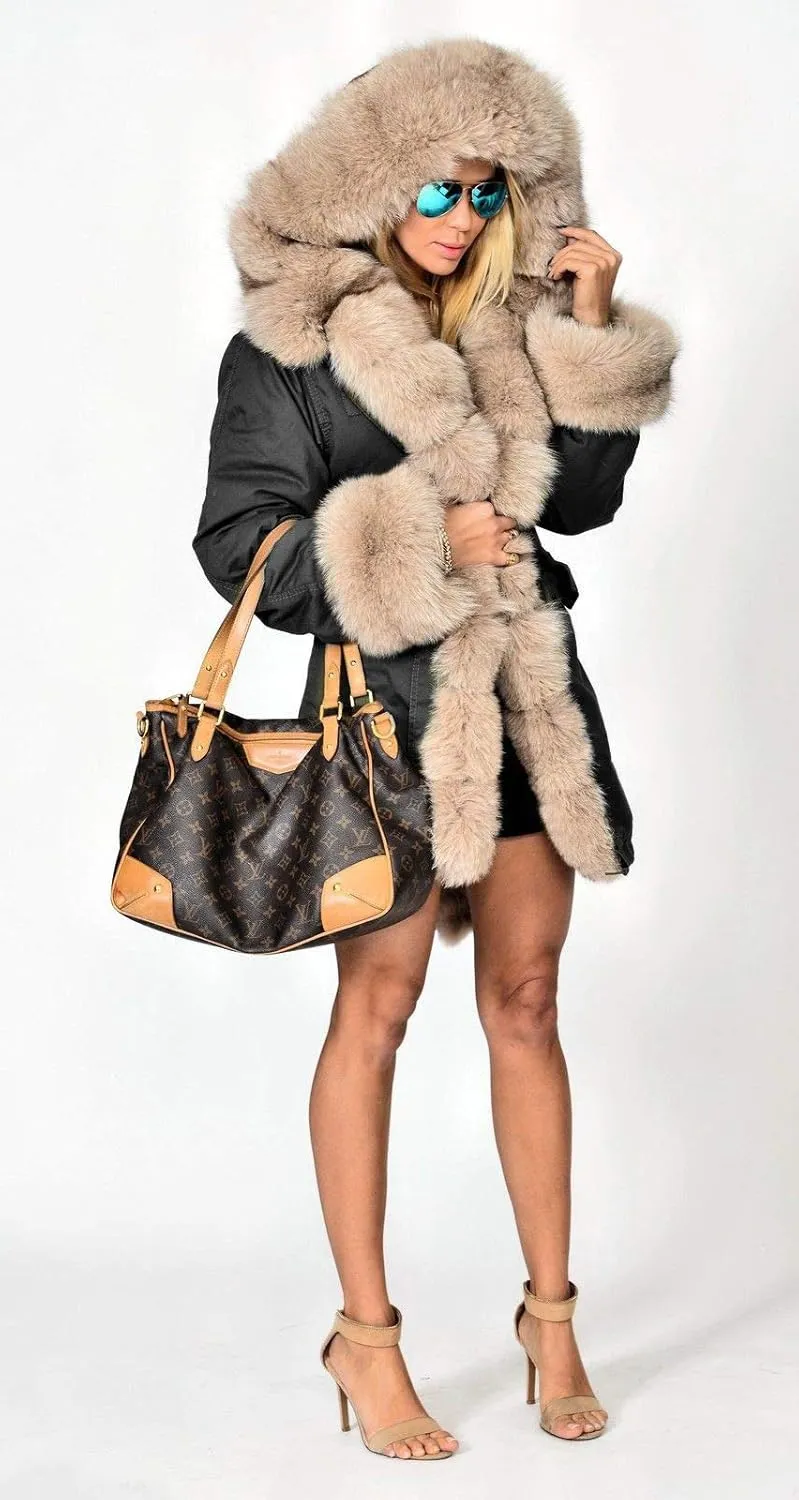 Roiii Women Thicken Warm Winter Coat Hood Down Parka Fleece Fur Outdoor Overcoat Long Jacket Outwear