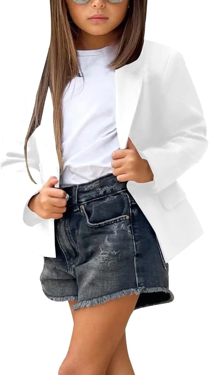 rrhss Girls Solid Color Lapel Suit Coat Button Down Long Seelve Blazer Jacket