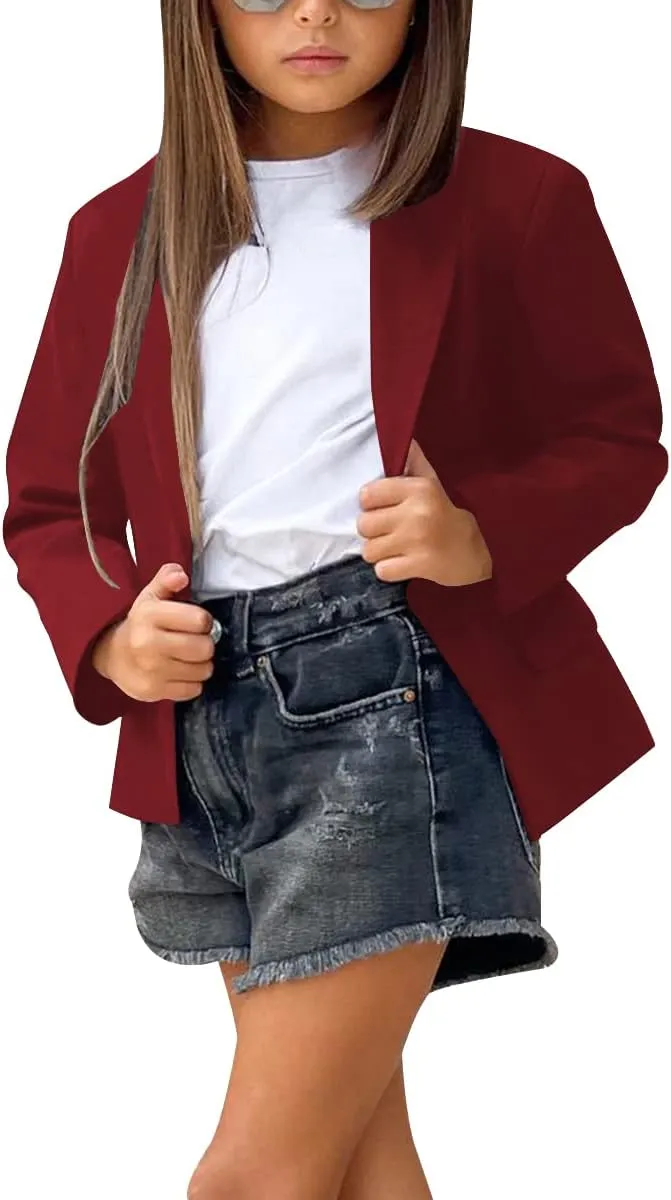 rrhss Girls Solid Color Lapel Suit Coat Button Down Long Seelve Blazer Jacket