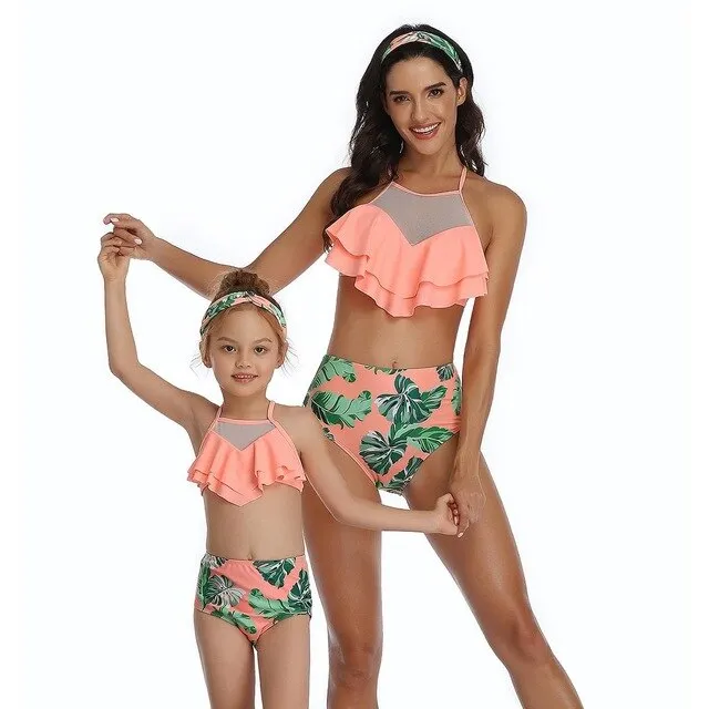 Rubylong Ruffles Mom Kid Matching Swimsuit Brazilian High Waist Bikini Set Push Up