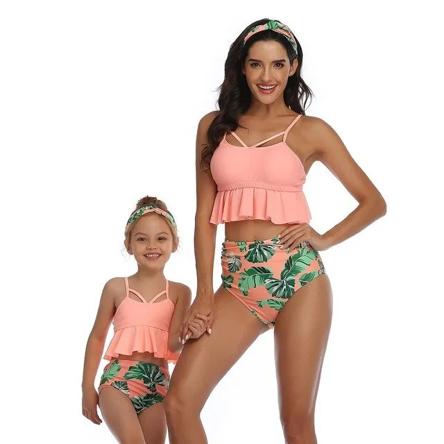 Rubylong Ruffles Mom Kid Matching Swimsuit Brazilian High Waist Bikini Set Push Up
