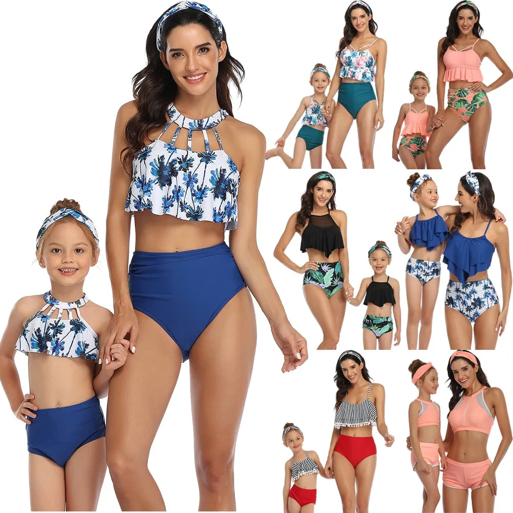 Rubylong Ruffles Mom Kid Matching Swimsuit Brazilian High Waist Bikini Set Push Up