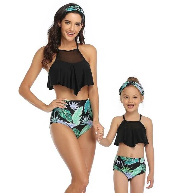 Rubylong Ruffles Mom Kid Matching Swimsuit Brazilian High Waist Bikini Set Push Up