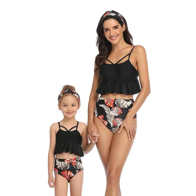 Rubylong Ruffles Mom Kid Matching Swimsuit Brazilian High Waist Bikini Set Push Up