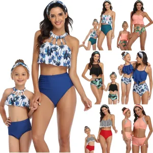 Rubylong Ruffles Mom Kid Matching Swimsuit Brazilian High Waist Bikini Set Push Up