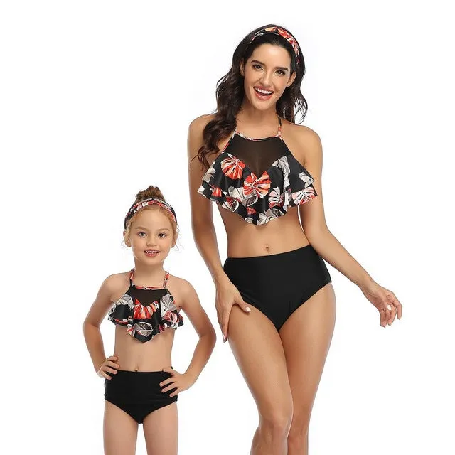 Rubylong Ruffles Mom Kid Matching Swimsuit Brazilian High Waist Bikini Set Push Up