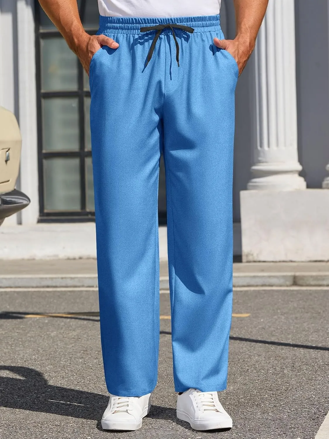Runcati Mens Casual Pants Drawstring Elastic Waist Lightweight Trousers Linen Beach Summer Lounge Pants