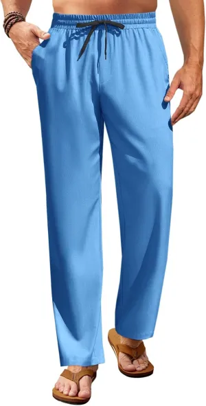 Runcati Mens Casual Pants Drawstring Elastic Waist Lightweight Trousers Linen Beach Summer Lounge Pants