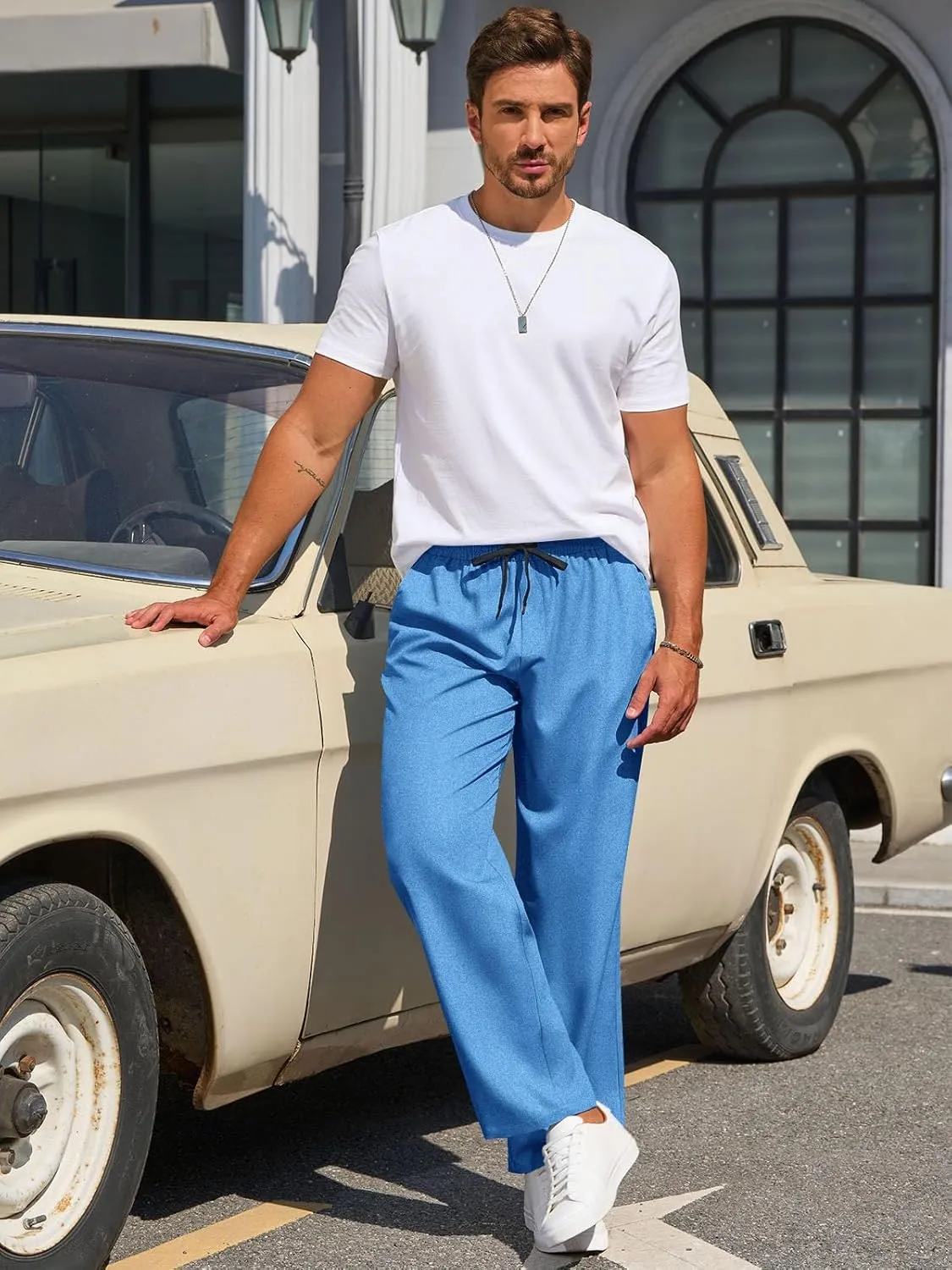 Runcati Mens Casual Pants Drawstring Elastic Waist Lightweight Trousers Linen Beach Summer Lounge Pants