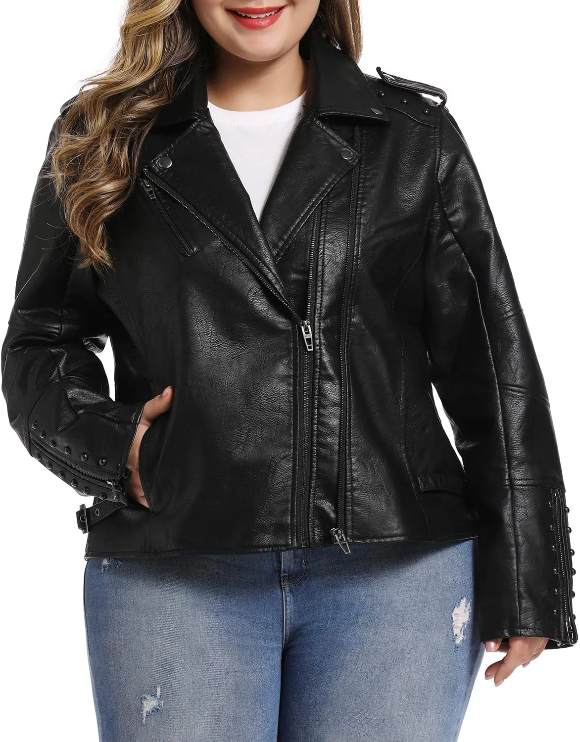 S P Y M Womens Faux Leather Jacket, Double Zip Up Coat, Moto Biker Outwear with Rivets, Regular and Plus Size
