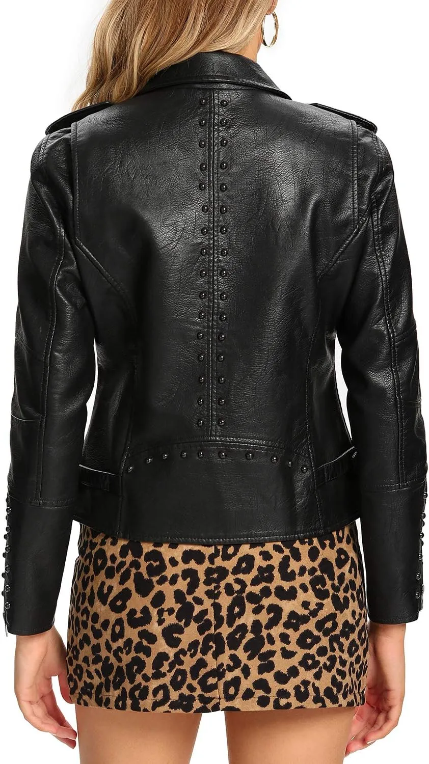 S P Y M Womens Faux Leather Jacket, Double Zip Up Coat, Moto Biker Outwear with Rivets, Regular and Plus Size