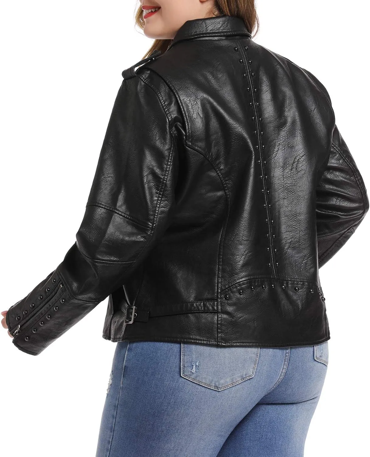 S P Y M Womens Faux Leather Jacket, Double Zip Up Coat, Moto Biker Outwear with Rivets, Regular and Plus Size