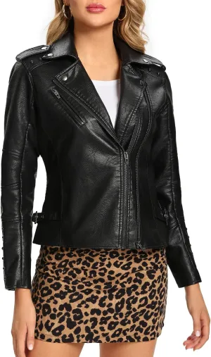 S P Y M Womens Faux Leather Jacket, Double Zip Up Coat, Moto Biker Outwear with Rivets, Regular and Plus Size