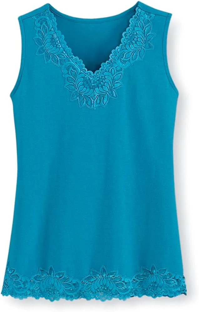 SAGEFINDS Lace Trim Tank | V Neck Top for Women | Dressy Summer Camisole | Sleeveless Cami | Soft 100% Cotton Shirt