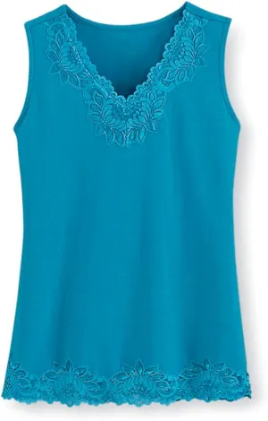 SAGEFINDS Lace Trim Tank | V Neck Top for Women | Dressy Summer Camisole | Sleeveless Cami | Soft 100% Cotton Shirt