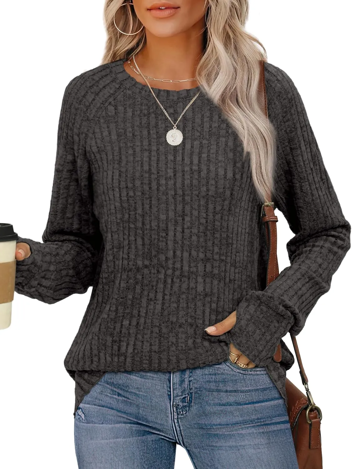 Saloogoe Women's Long Sleeve Top Crewneck Basic Lightweight Fall Shirt with Thumb Hole