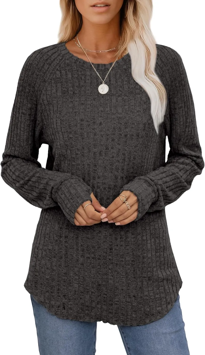 Saloogoe Women's Long Sleeve Top Crewneck Basic Lightweight Fall Shirt with Thumb Hole