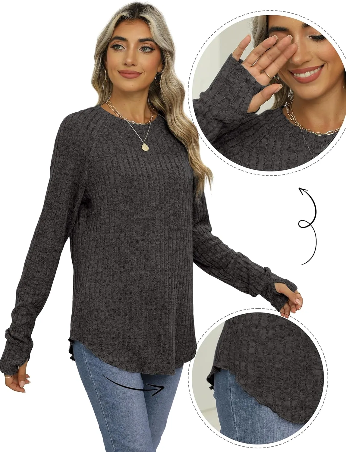 Saloogoe Women's Long Sleeve Top Crewneck Basic Lightweight Fall Shirt with Thumb Hole