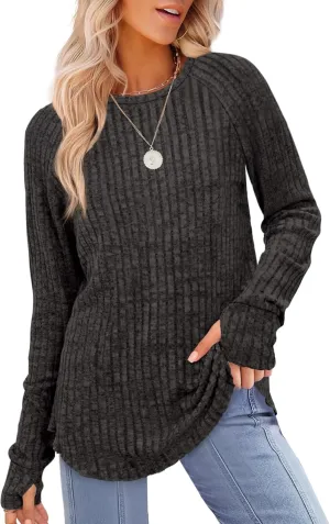 Saloogoe Women's Long Sleeve Top Crewneck Basic Lightweight Fall Shirt with Thumb Hole