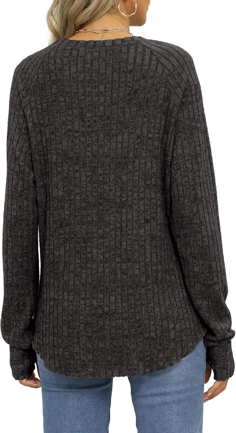 Saloogoe Women's Long Sleeve Top Crewneck Basic Lightweight Fall Shirt with Thumb Hole