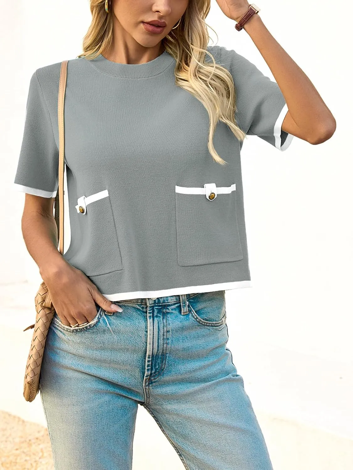 Saodimallsu Womens Short Sleeve Sweater Color Block Crew Neck Summer Crop Tops Loose Casual Knit Shirts with Pockets