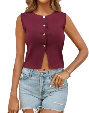 Saodimallsu Womens Sleeveless Cropped Sweater Vest Summer Trendy Knit Crop Tank Tops Crewneck Button Y2K Going Out Top