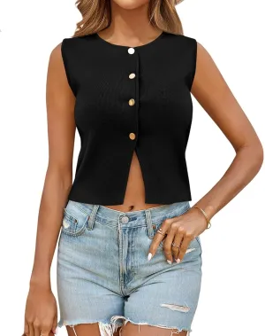 Saodimallsu Womens Sleeveless Cropped Sweater Vest Summer Trendy Knit Crop Tank Tops Crewneck Button Y2K Going Out Top