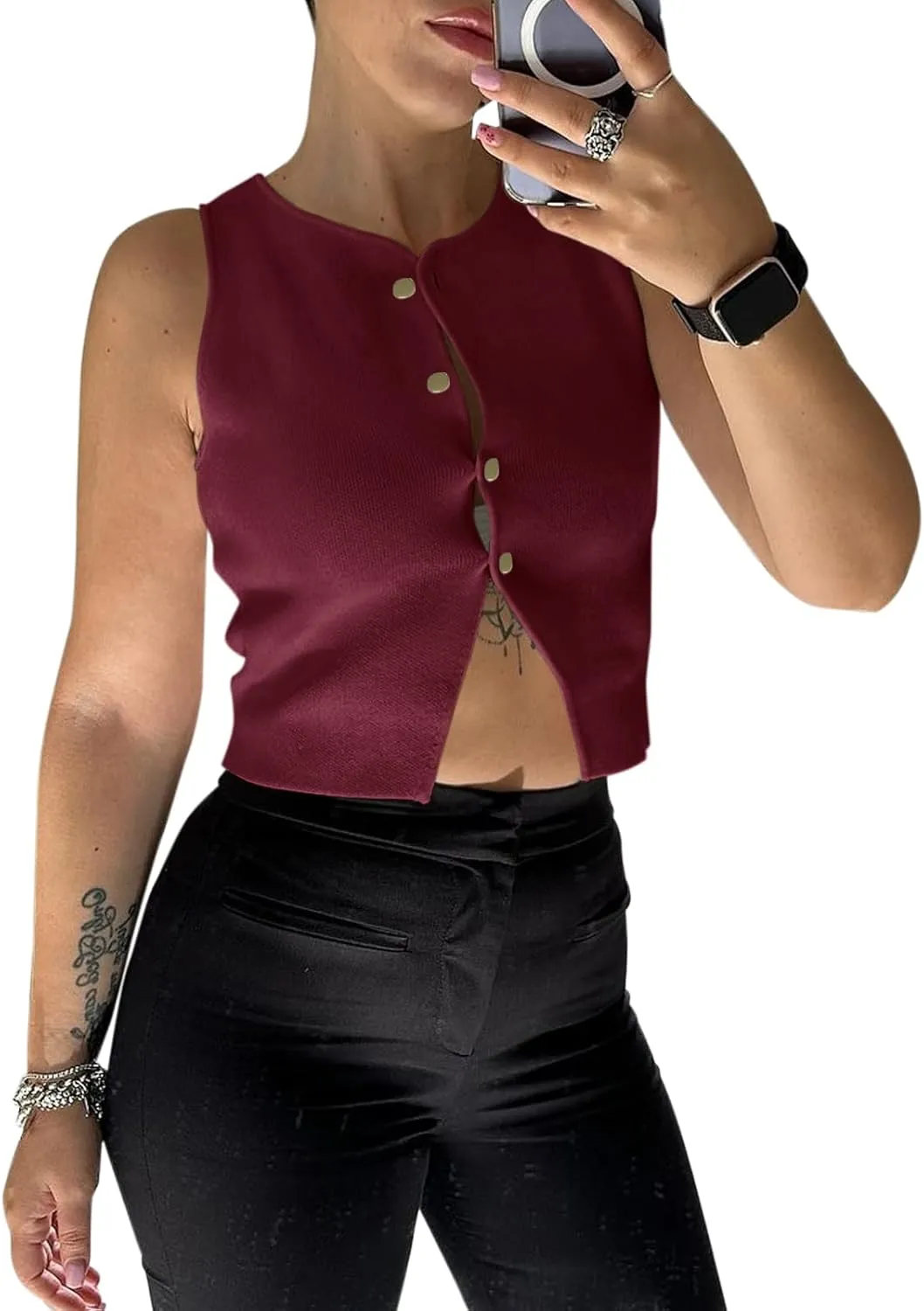 Saodimallsu Womens Sleeveless Cropped Sweater Vest Summer Trendy Knit Crop Tank Tops Crewneck Button Y2K Going Out Top