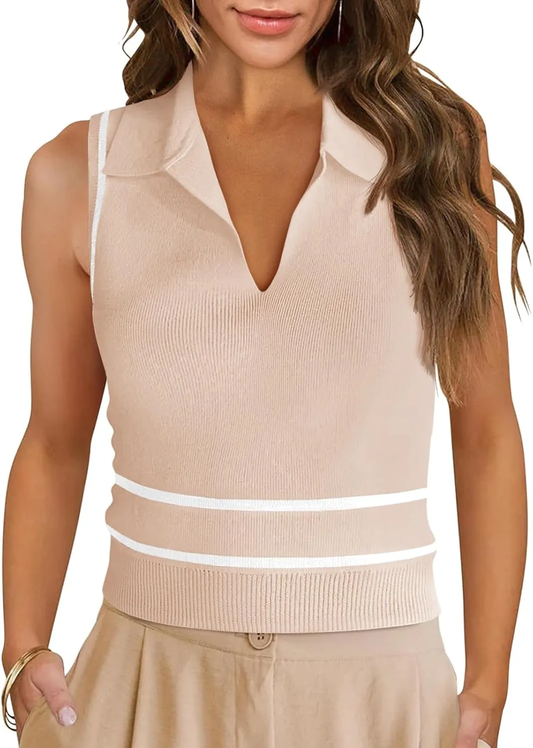 Saodimallsu Womens Sleeveless Cropped Sweater Vest V Neck Collared Color Block Y2k Crop Tank Top Summer Polo Shirts