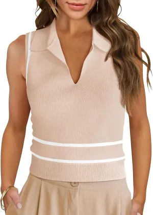 Saodimallsu Womens Sleeveless Cropped Sweater Vest V Neck Collared Color Block Y2k Crop Tank Top Summer Polo Shirts