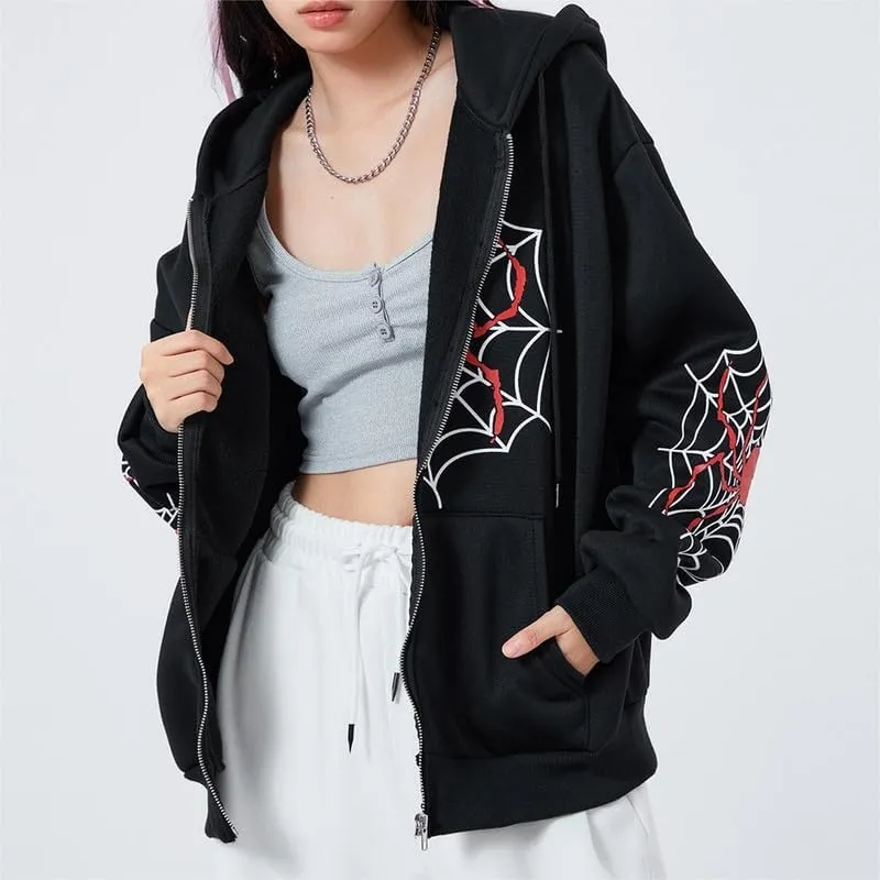 Sastianaen Women Y2k Zip Up Hoodies Gothic Spider Print Sweatshirt Vintage Graphic Oversized Fairy Grunge Jackets