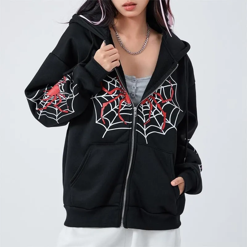 Sastianaen Women Y2k Zip Up Hoodies Gothic Spider Print Sweatshirt Vintage Graphic Oversized Fairy Grunge Jackets