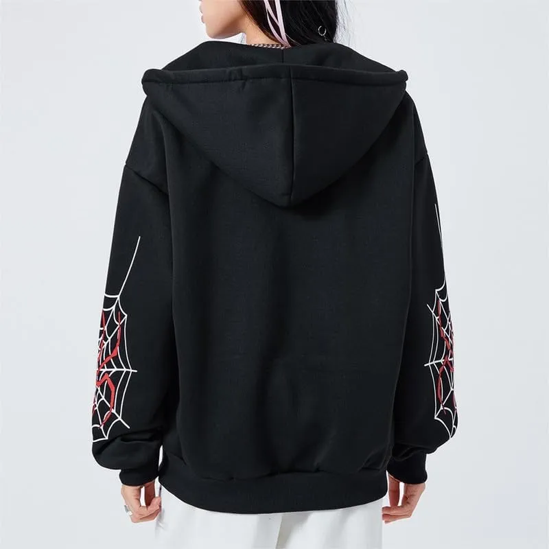 Sastianaen Women Y2k Zip Up Hoodies Gothic Spider Print Sweatshirt Vintage Graphic Oversized Fairy Grunge Jackets