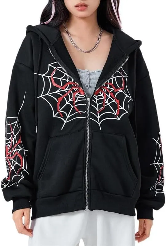 Sastianaen Women Y2k Zip Up Hoodies Gothic Spider Print Sweatshirt Vintage Graphic Oversized Fairy Grunge Jackets