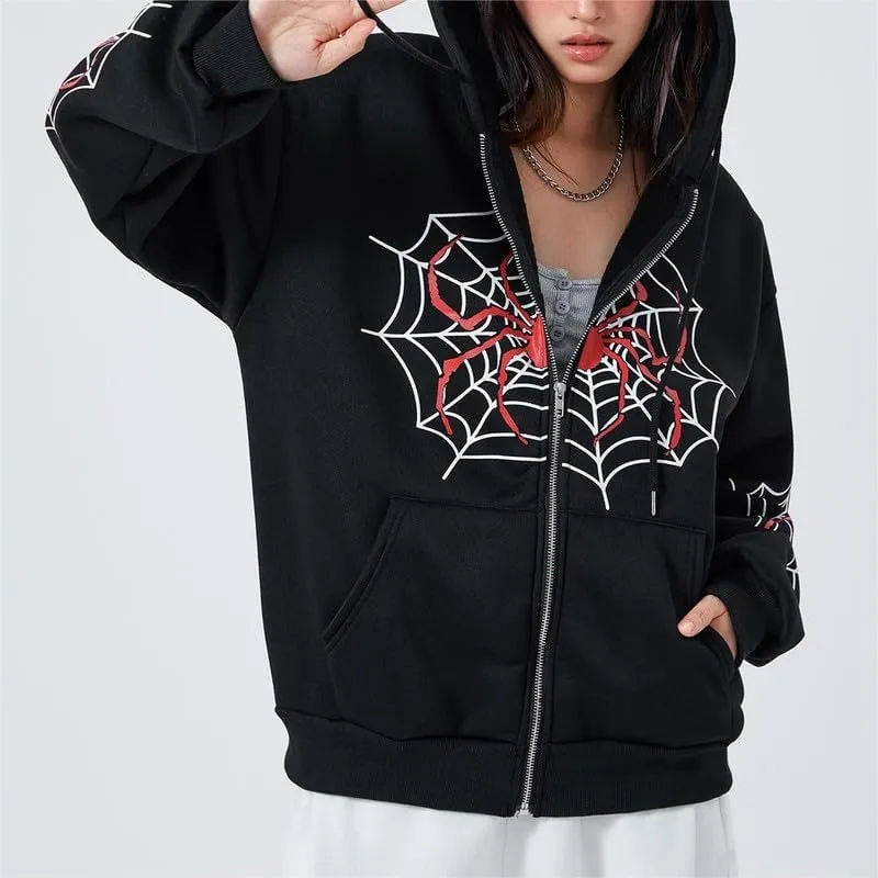 Sastianaen Women Y2k Zip Up Hoodies Gothic Spider Print Sweatshirt Vintage Graphic Oversized Fairy Grunge Jackets