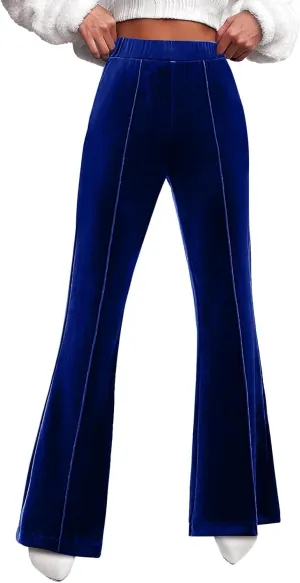 sdbrld Velvet Pants Women High Waisted Wide Leg Flare Elastic Waist Pull On Trousers Sparkle Pants