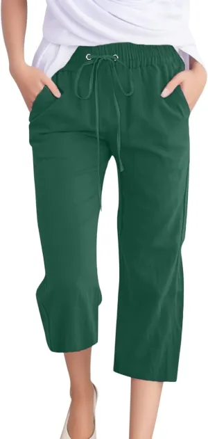 sdbrld Womens Linen Pants High Waisted Summer Capri Pants Elastic Waist Solid Pants Comfy Straight Leg Trousers with Pockets