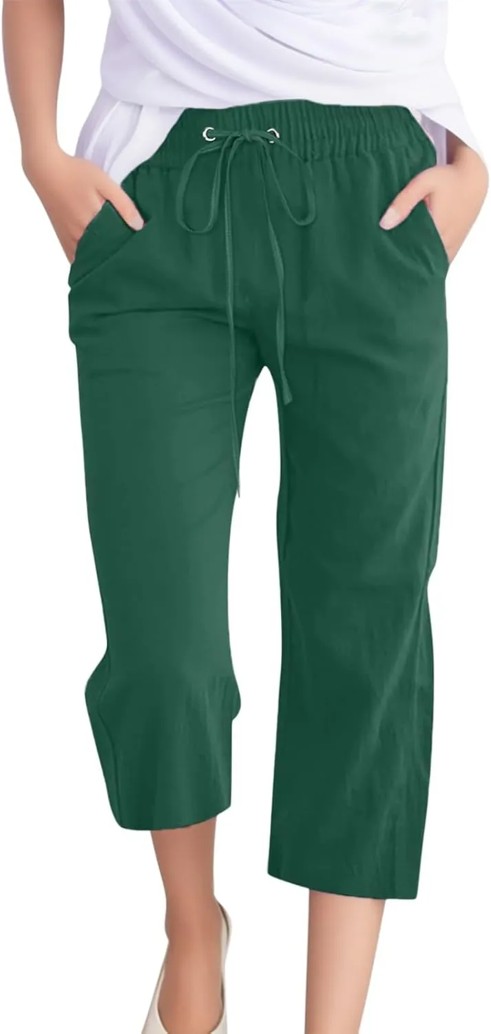 sdbrld Womens Linen Pants High Waisted Summer Capri Pants Elastic Waist Solid Pants Comfy Straight Leg Trousers with Pockets