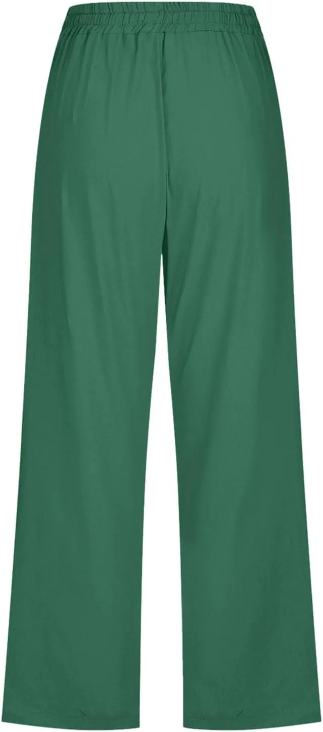 sdbrld Womens Linen Pants High Waisted Summer Capri Pants Elastic Waist Solid Pants Comfy Straight Leg Trousers with Pockets