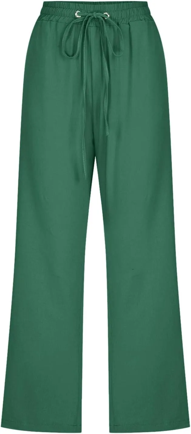sdbrld Womens Linen Pants High Waisted Summer Capri Pants Elastic Waist Solid Pants Comfy Straight Leg Trousers with Pockets