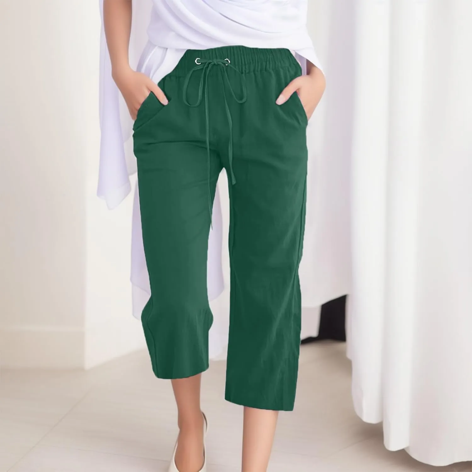 sdbrld Womens Linen Pants High Waisted Summer Capri Pants Elastic Waist Solid Pants Comfy Straight Leg Trousers with Pockets