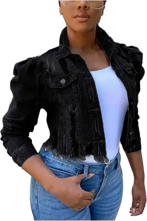 SERYU Jean Jacket for Women Ripped Puff Sleeve Frayed Slim Denim Crop Top Cropped Jean Jacket