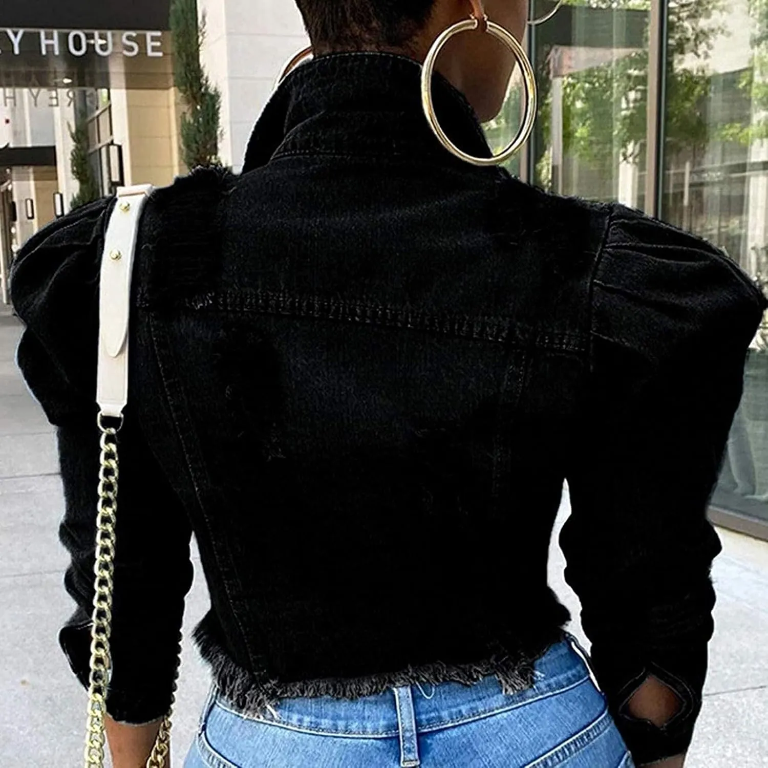 SERYU Jean Jacket for Women Ripped Puff Sleeve Frayed Slim Denim Crop Top Cropped Jean Jacket