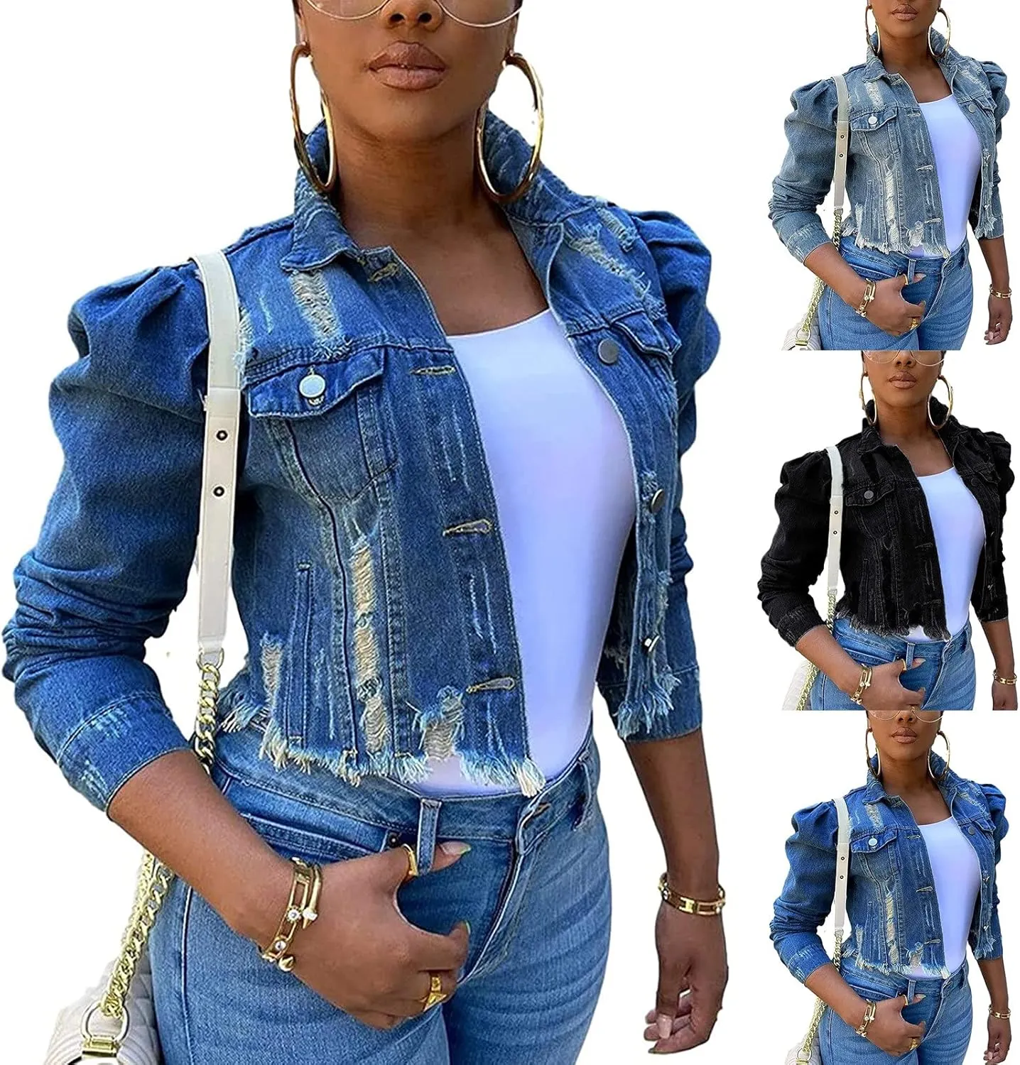 SERYU Jean Jacket for Women Ripped Puff Sleeve Frayed Slim Denim Crop Top Cropped Jean Jacket