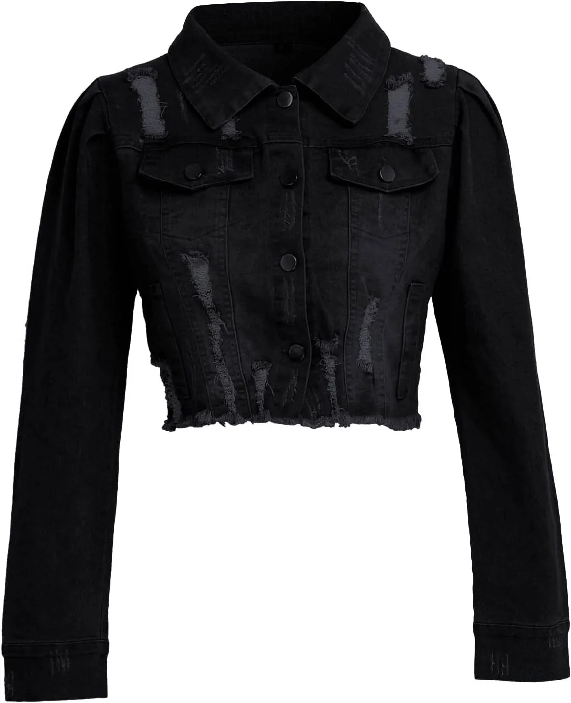 SERYU Jean Jacket for Women Ripped Puff Sleeve Frayed Slim Denim Crop Top Cropped Jean Jacket