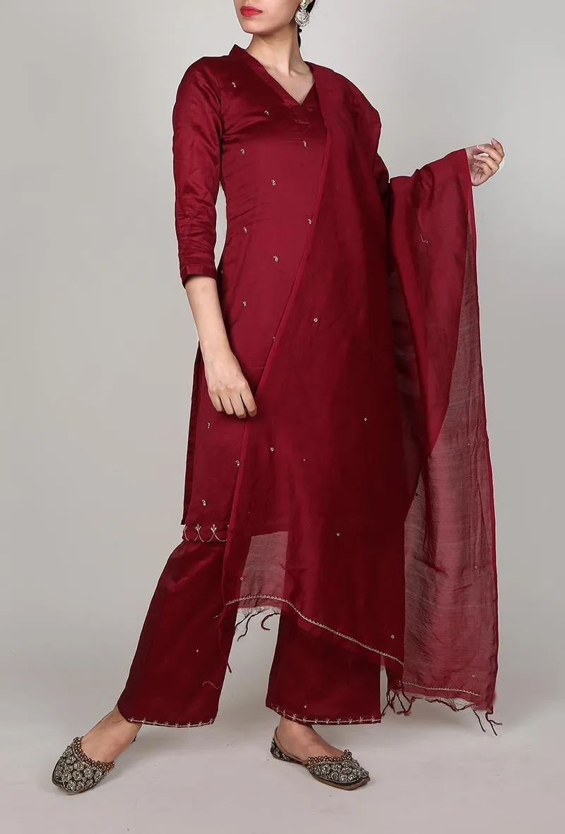 Set of 3 - Cherry Red Chanderi Kurta And Palazzo Set With Dupatta